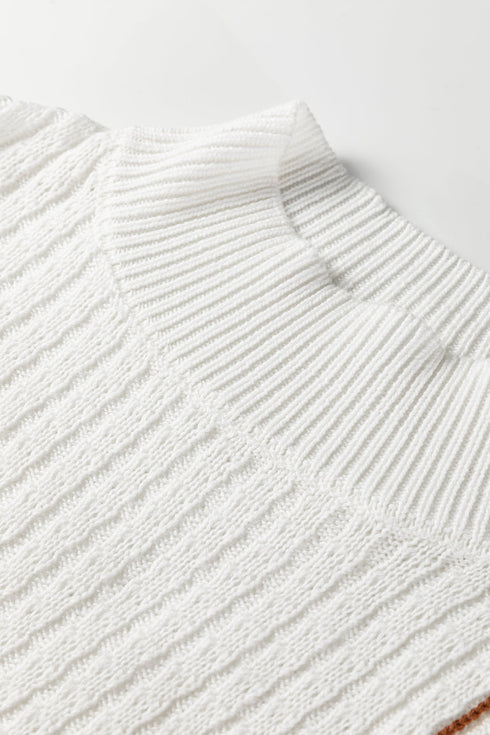 Geometric Contrast Stitch Detail Mixed Texture Mock Neck Sweater