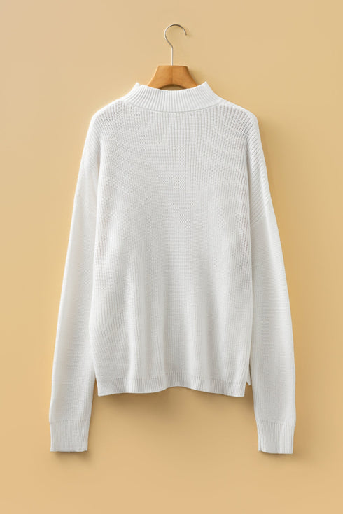 Geometric Contrast Stitch Detail Mixed Texture Mock Neck Sweater