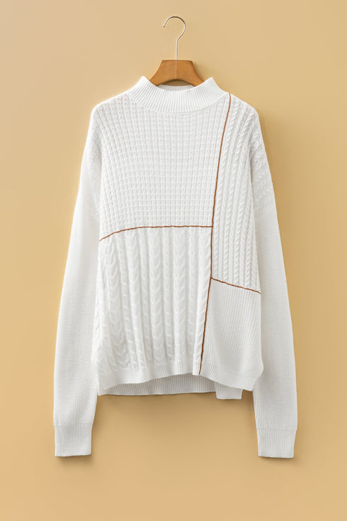 Geometric Contrast Stitch Detail Mixed Texture Mock Neck Sweater