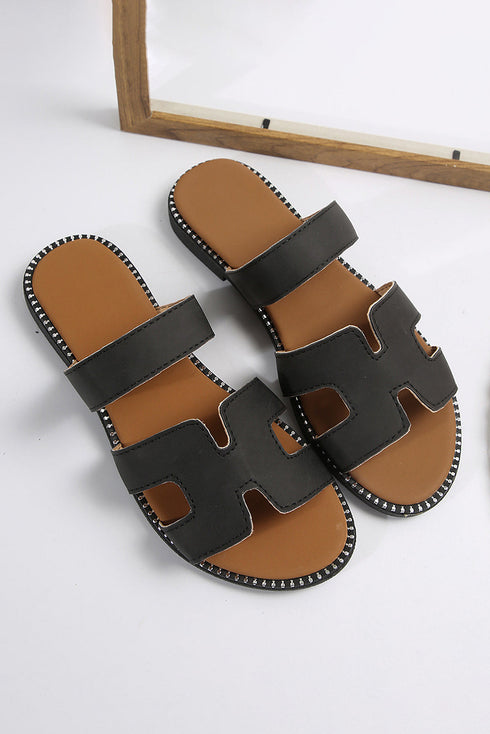 Geometric Cut Out Band Faux Leather Flat Slippers