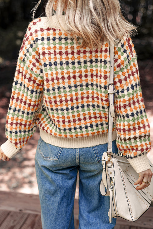 Geometric Diamond Pattern Button Down V Neck Knit Cardigan