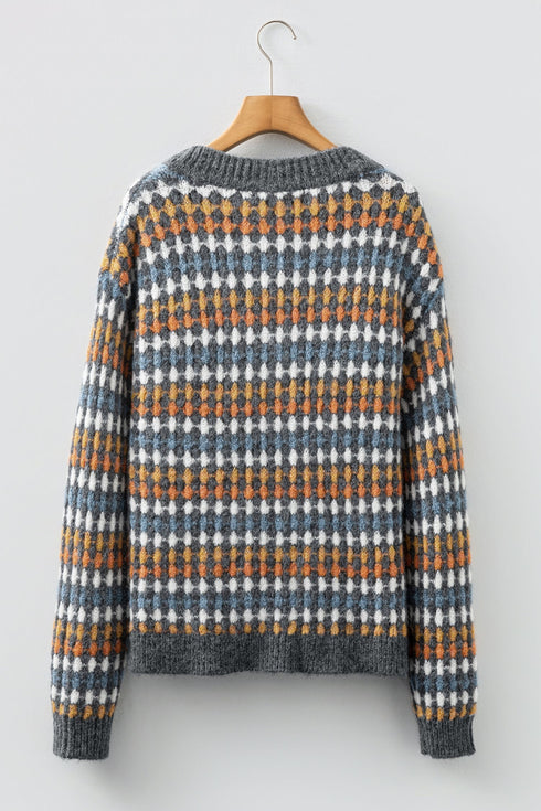 Geometric Diamond Pattern Button Down V Neck Knit Cardigan