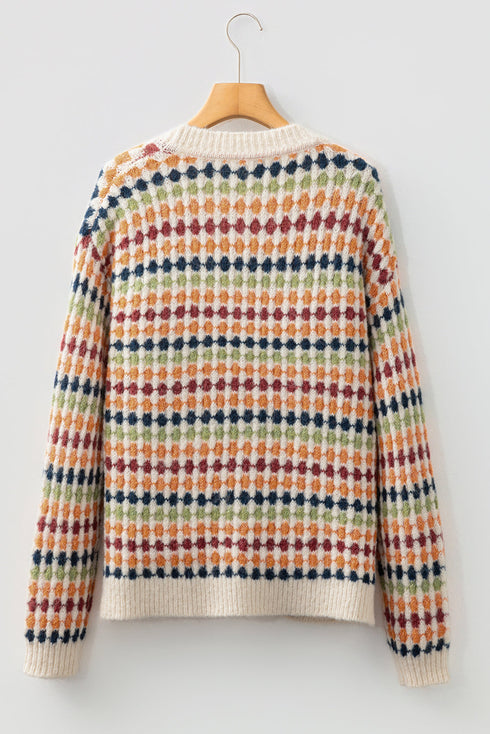 Geometric Diamond Pattern Button Down V Neck Knit Cardigan