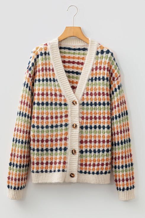 Geometric Diamond Pattern Button Down V Neck Knit Cardigan