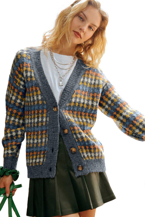 Geometric Diamond Pattern Button Down V Neck Knit Cardigan