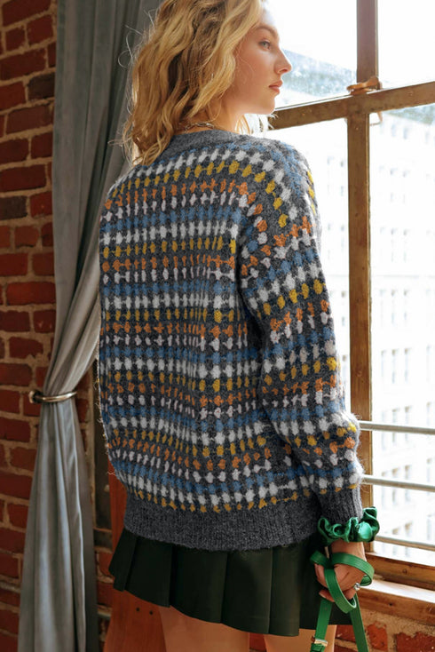 Geometric Diamond Pattern Button Down V Neck Knit Cardigan