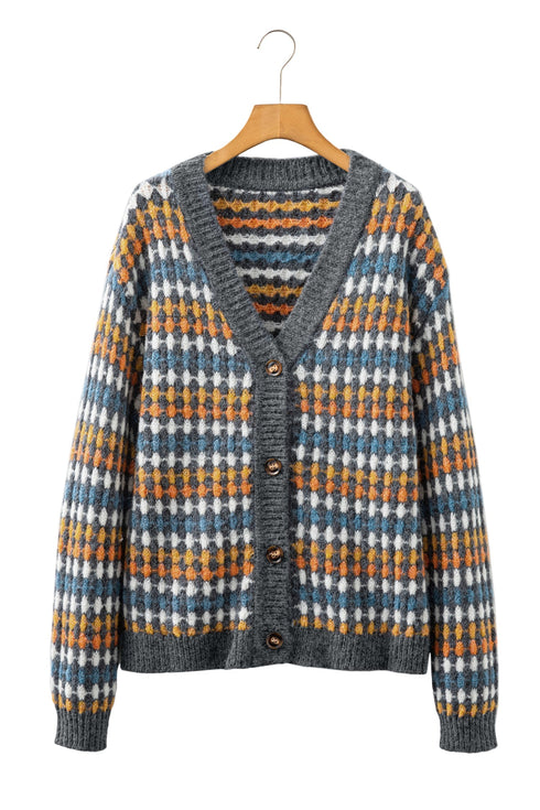 Geometric Diamond Pattern Button Down V Neck Knit Cardigan