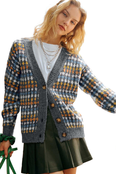 Geometric Diamond Pattern Button Down V Neck Knit Cardigan