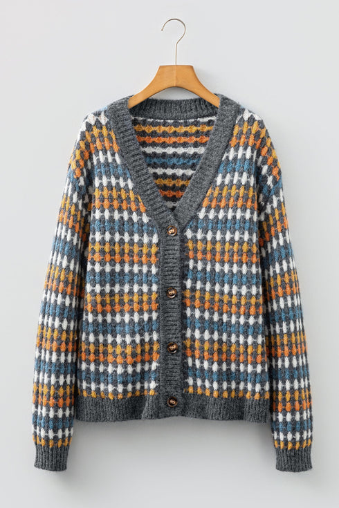 Geometric Diamond Pattern Button Down V Neck Knit Cardigan