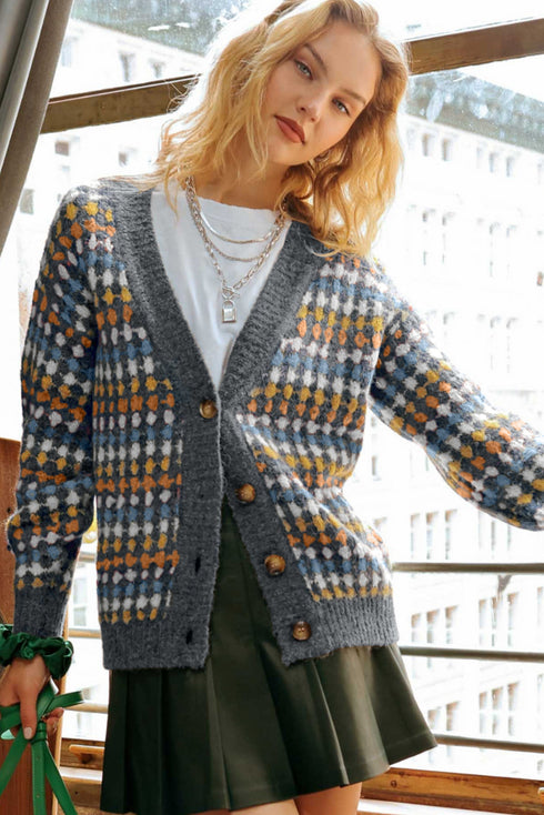 Geometric Diamond Pattern Button Down V Neck Knit Cardigan