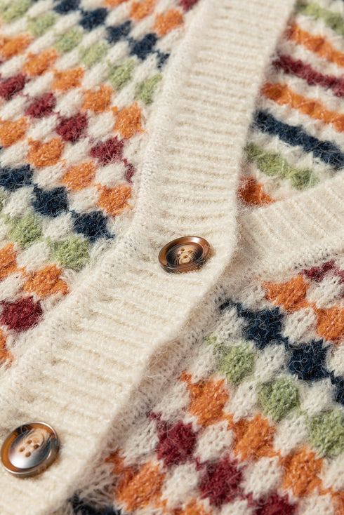 Geometric Diamond Pattern Button Down V Neck Knit Cardigan
