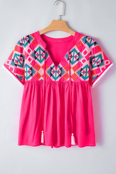 Geometric Embroidered Cotton V Neck Tassel Tie Blouse