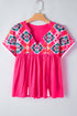 Geometric Embroidered Cotton V Neck Tassel Tie Blouse