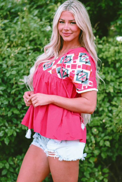 Geometric Embroidered Cotton V Neck Tassel Tie Blouse