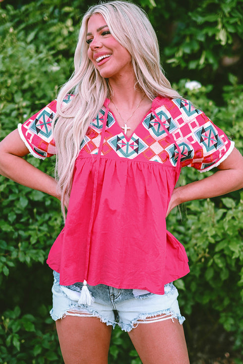 Geometric Embroidered Cotton V Neck Tassel Tie Blouse
