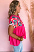 Geometric Embroidered Cotton V Neck Tassel Tie Blouse