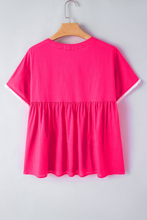 Geometric Embroidered Cotton V Neck Tassel Tie Blouse