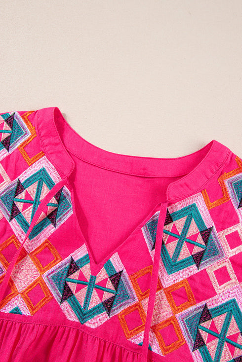 Geometric Embroidered Cotton V Neck Tassel Tie Blouse