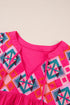 Geometric Embroidered Cotton V Neck Tassel Tie Blouse