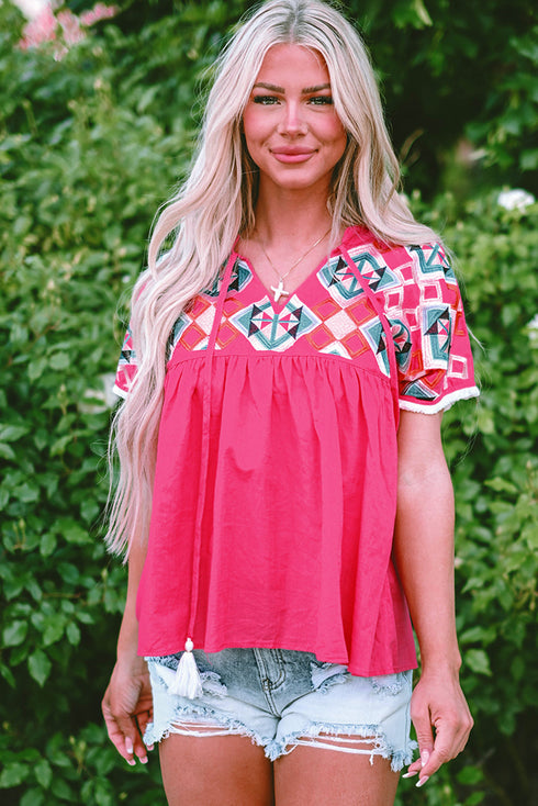 Geometric Embroidered Cotton V Neck Tassel Tie Blouse