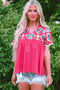 Geometric Embroidered Cotton V Neck Tassel Tie Blouse