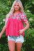 Geometric Embroidered Cotton V Neck Tassel Tie Blouse