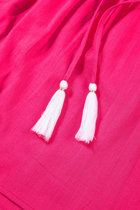 Geometric Embroidered Cotton V Neck Tassel Tie Blouse