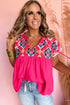 Geometric Embroidered Cotton V Neck Tassel Tie Blouse