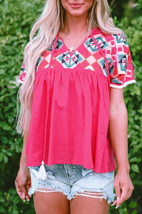 Geometric Embroidered Cotton V Neck Tassel Tie Blouse