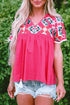 Geometric Embroidered Cotton V Neck Tassel Tie Blouse