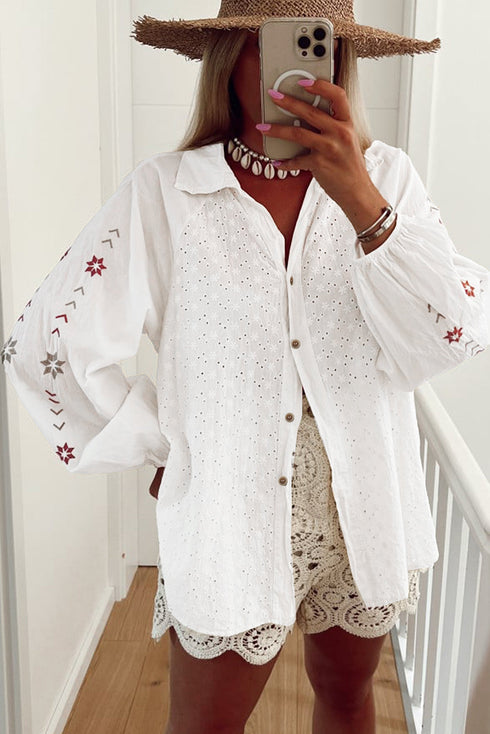 Geometric Embroidered Eyelet Button Front Collared Shirt