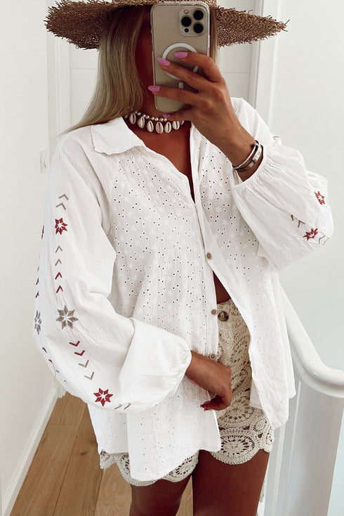 Geometric Embroidered Eyelet Button Front Collared Shirt