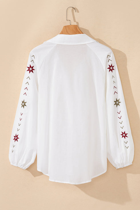 Geometric Embroidered Eyelet Button Front Collared Shirt