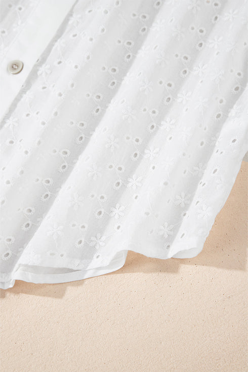 Geometric Embroidered Eyelet Button Front Collared Shirt