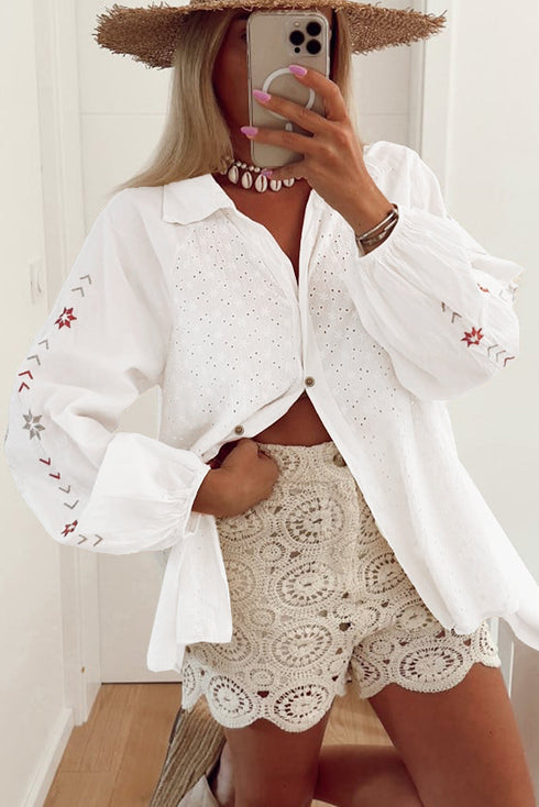 Geometric Embroidered Eyelet Button Front Collared Shirt