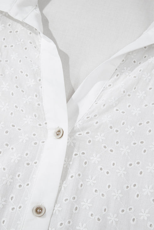 Geometric Embroidered Eyelet Button Front Collared Shirt