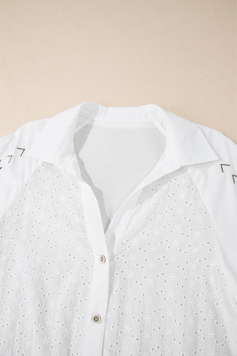 Geometric Embroidered Eyelet Button Front Collared Shirt