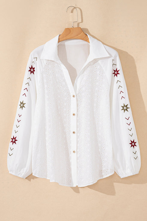 Geometric Embroidered Eyelet Button Front Collared Shirt