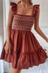 Geometric Embroidered Smocked Bodice Ruffle Strap Tiered A Line Mini Dress