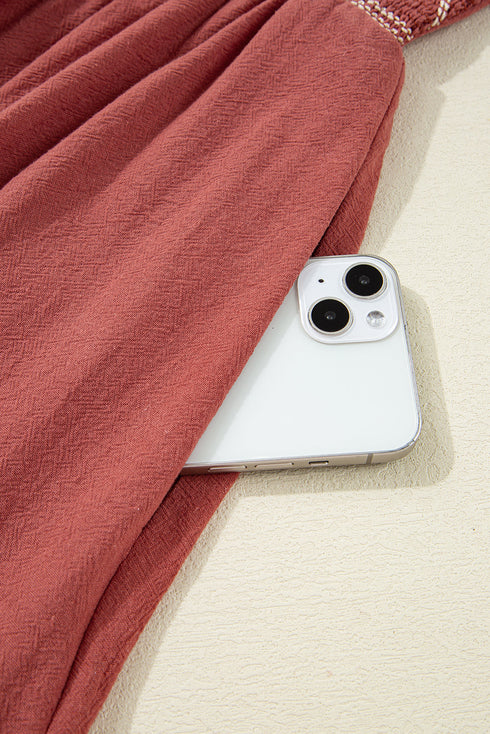 Geometric Embroidered Smocked Bodice Ruffle Strap Tiered A Line Mini Dress