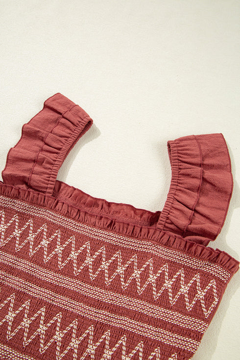 Geometric Embroidered Smocked Bodice Ruffle Strap Tiered A Line Mini Dress