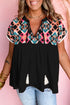 Geometric Embroidered Tassel Tie V Neck Blouse