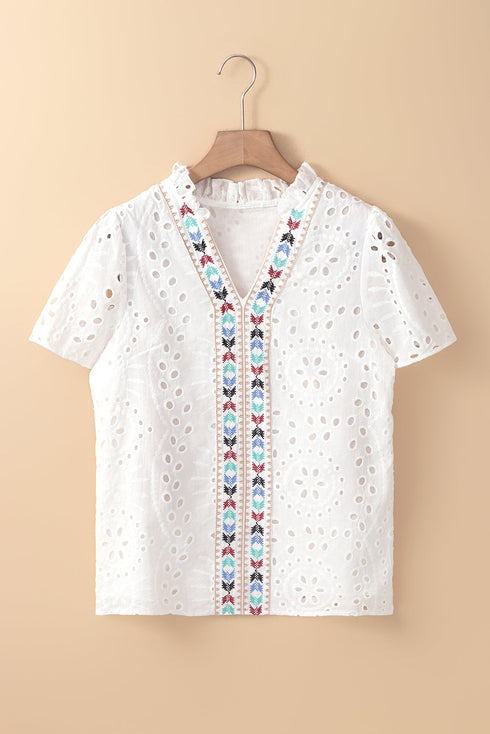 Geometric Embroidered V Neck Long Sleeve Cotton Boho Shirt