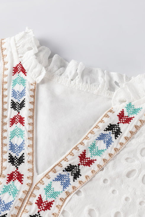 Geometric Embroidered V Neck Long Sleeve Cotton Boho Shirt