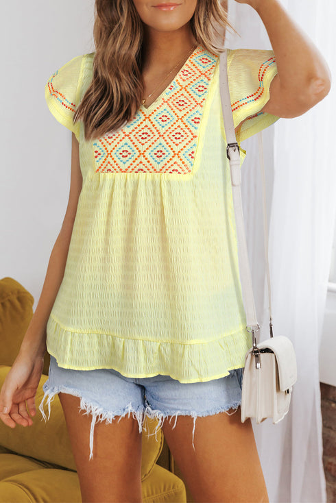 Geometric Embroidery Textured Top with Ruffles