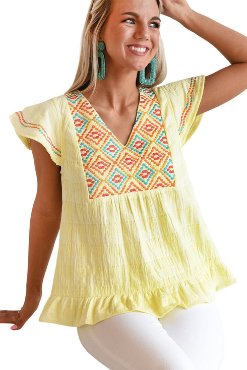 Geometric Embroidery Textured Top with Ruffles