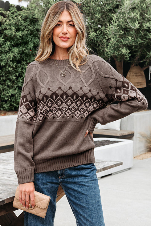 Geometric Fair Isle Mixed Texture Crew Neck Sweater