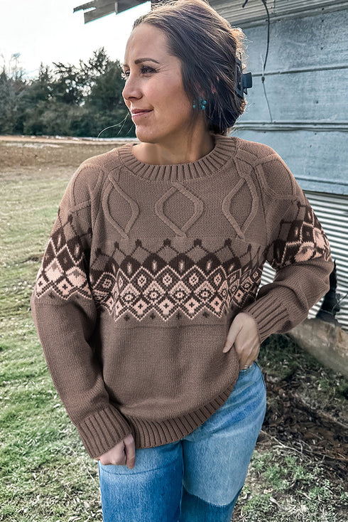 Geometric Fair Isle Mixed Texture Crew Neck Sweater