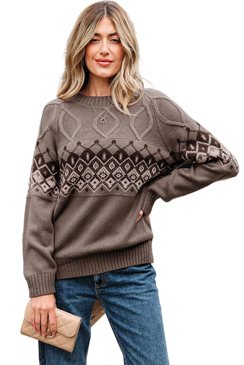 Geometric Fair Isle Mixed Texture Crew Neck Sweater
