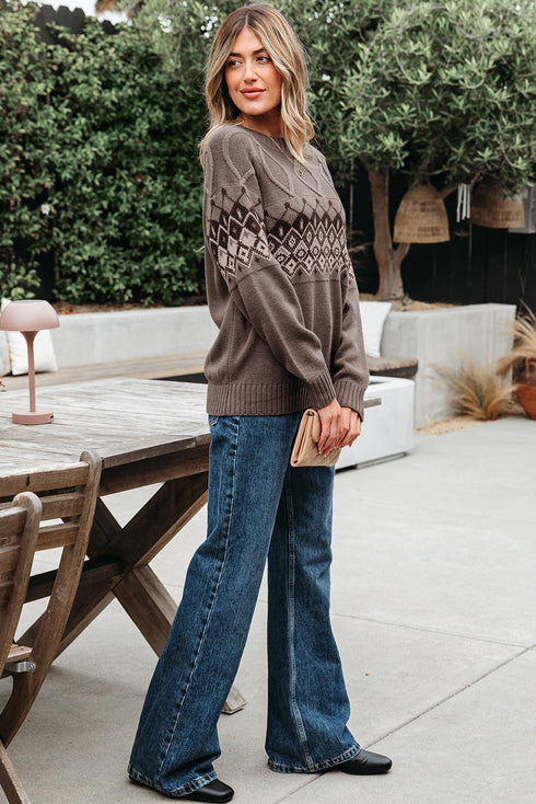 Geometric Fair Isle Mixed Texture Crew Neck Sweater